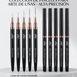 Set de 5 pinceles para nail art con cerdas graduadas de 4mm a 25mm y sus tapas protectoras negras con detalles en oro rosa sobre base gris.